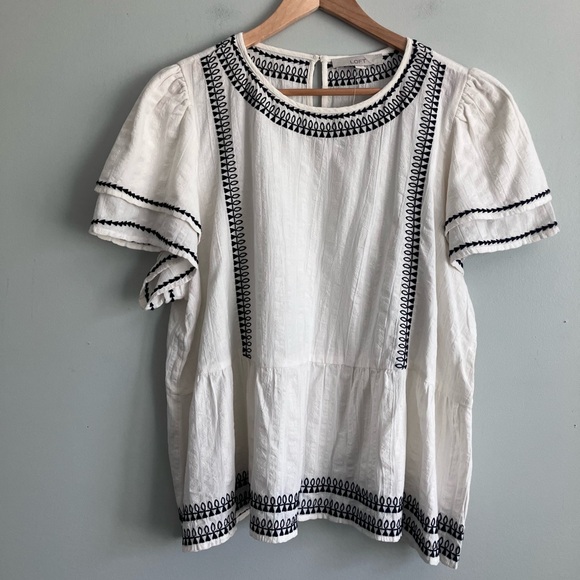 LOFT White & Black Peplum Flutter Sleeved Cotton Blend Top NWT Size XL - Picture 2 of 12
